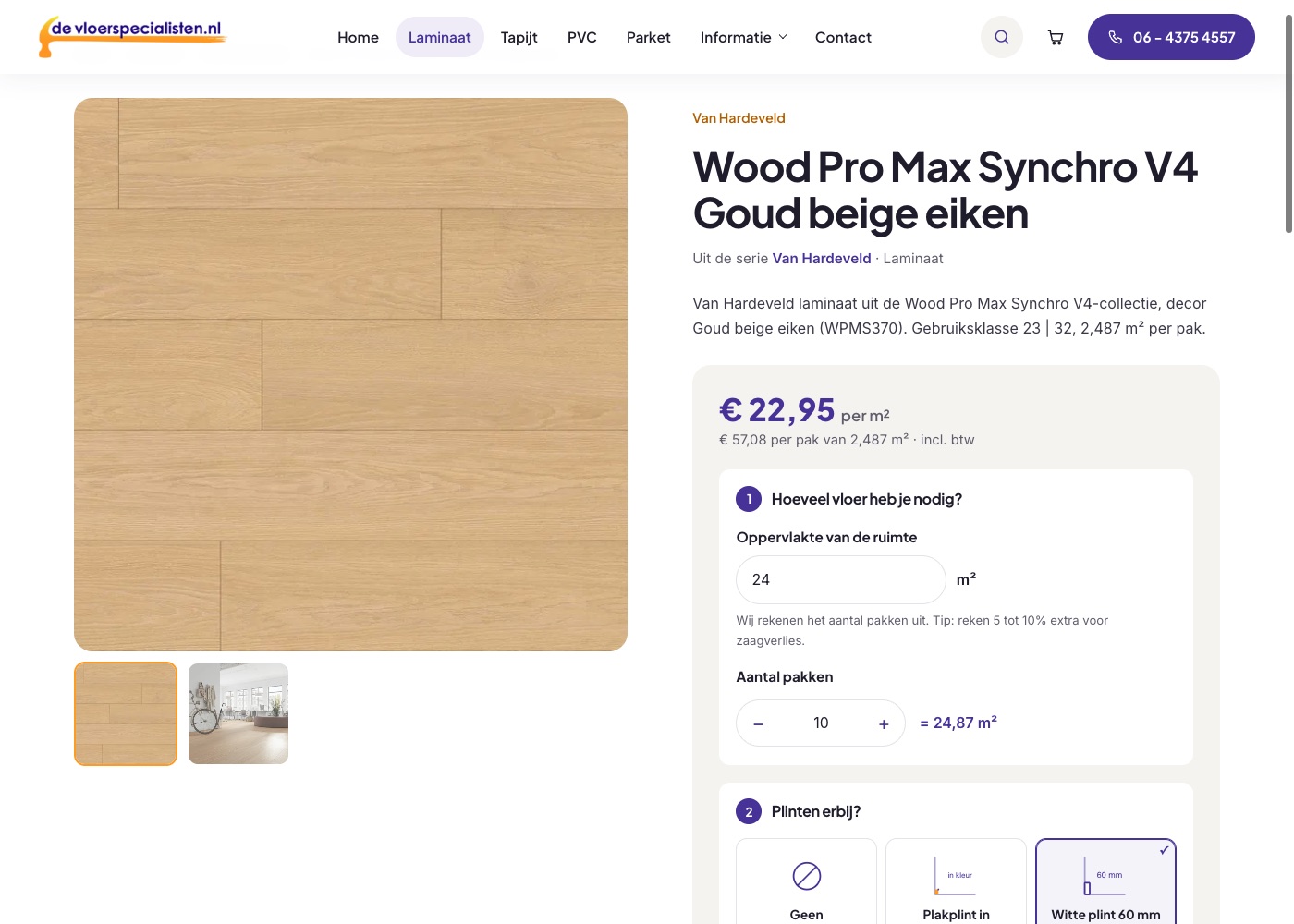Productpagina met de calculator: 24 m&sup2; ingevuld, 10 pakken, plint en ondervloer gekozen