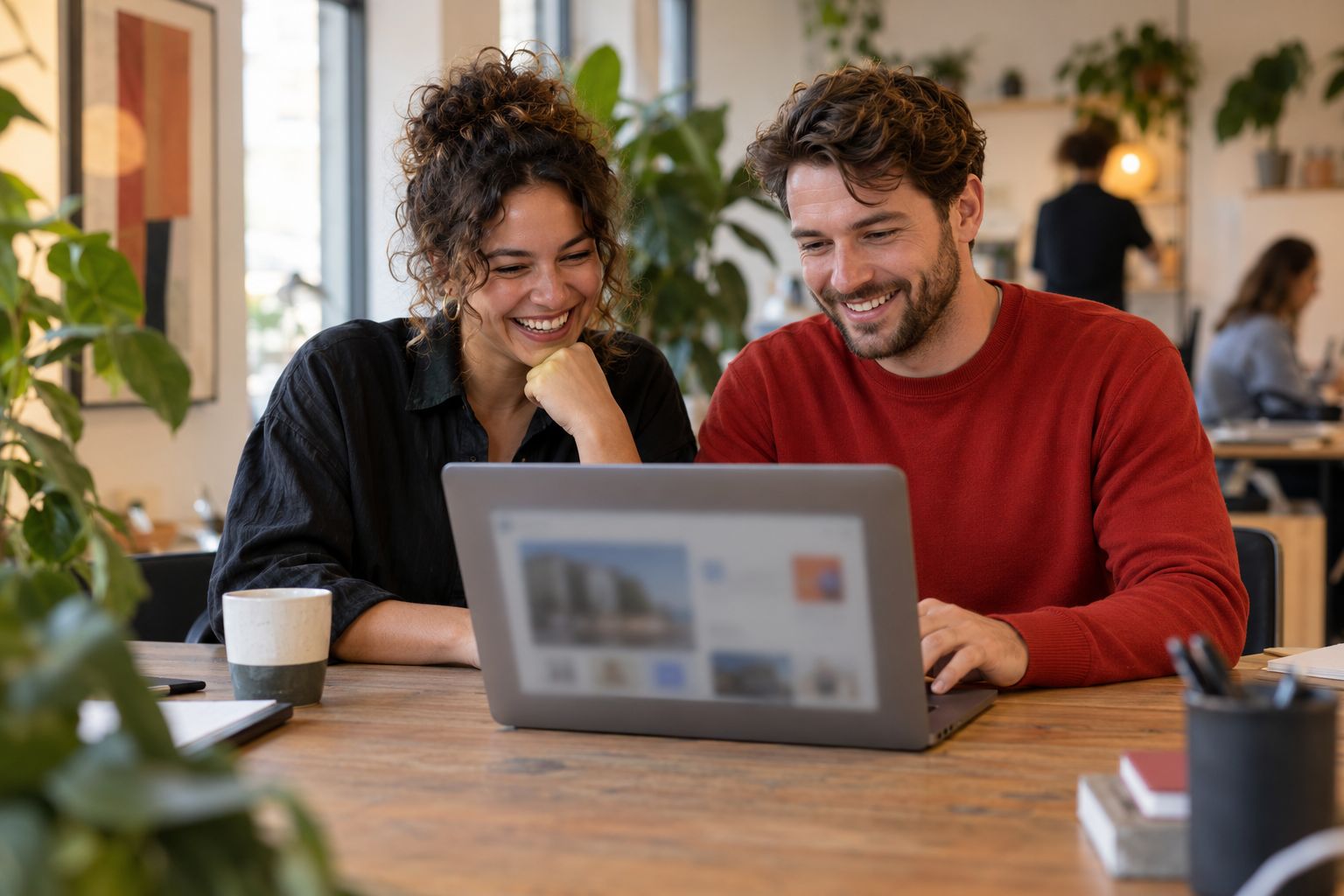 Klant en webdeveloper bekijken samen de nieuwe website
