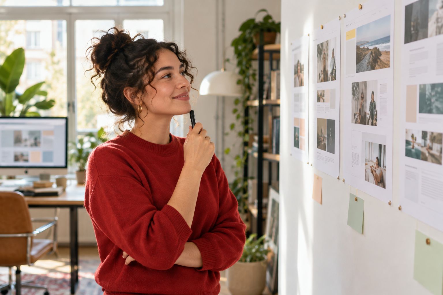 Webdesigner bekijkt ontwerpen aan de muur