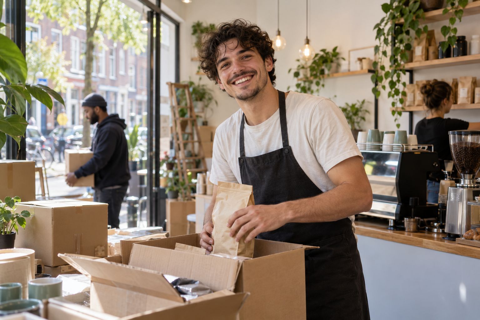 Starter pakt de eerste producten uit in zijn nieuwe zaak