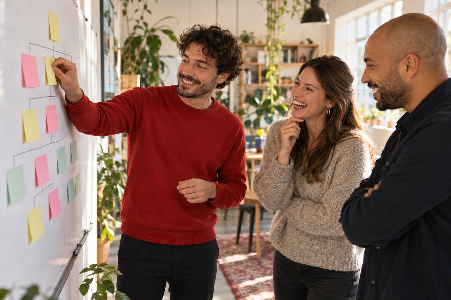 Sitestructuur uitwerken met sticky notes op het whiteboard